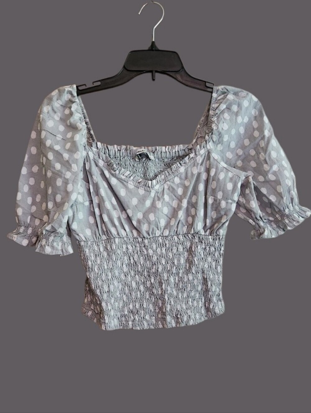 Abercrombie & Fitch Flutter Sleeve Light Gray Polka Dot Smocked Crop Top